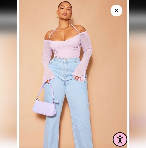 🍁🍂NWOT PRETTYLITTLETHING  20 Plus Lilac Mesh Sleeve Halter Neck Bodysuit - Picture 1 of 7